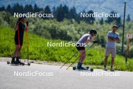 01.06.2023, La Feclaz, France (FRA): Caroline Colombo (FRA), Sophie Chauveau (FRA), Cyril Burdet (FRA), coach Team France, (l-r) - Biathlon summer training, La Feclaz (FRA). www.nordicfocus.com. © Joly/NordicFocus. Every downloaded picture is fee-liable.