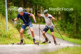 29.08.2023, Obertilliach, Austria (AUT): Filip Fjeld Andersen (NOR), Sturla Holm Laegreid (NOR), (l-r)  - Biathlon summer training, Obertilliach (AUT). www.nordicfocus.com. © Barbieri/NordicFocus. Every downloaded picture is fee-liable.