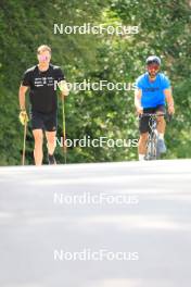 04.07.2023, Premanon, France (FRA): Emilien Jacquelin (FRA), Simon Fourcade (FRA), (l-r) - Biathlon summer training, Premanon (FRA). www.nordicfocus.com. © Manzoni/NordicFocus. Every downloaded picture is fee-liable.