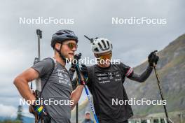 21.09.2023, Bessans, France (FRA): Antonin Guigonnat (FRA), Eric Perrot, (l-r) - Biathlon training, Bessans (FRA). www.nordicfocus.com. © Authamayou/NordicFocus. Every downloaded picture is fee-liable.