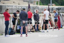 04.06.2023, Ruhpolding, Germany (GER): Niklas Hartweg (SUI), Daniel Hackhofer (ITA), coach Team Switzerland, Sebastian Stalder (SUI), Gion Stalder (SUI), Remo Krug (GER) coach Team Switzerland, Dajan Danuser (SUI), (l-r) - Biathlon summer training, Ruhpolding (GER). www.nordicfocus.com. © Reiter/NordicFocus. Every downloaded picture is fee-liable.