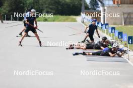 04.07.2023, Premanon, France (FRA): Fabien Claude (FRA), Oscar Lombardot (FRA), Emilien Claude (FRA), Emilien Jacquelin (FRA), Eric Perrot (FRA), (l-r) - Biathlon summer training, Premanon (FRA). www.nordicfocus.com. © Manzoni/NordicFocus. Every downloaded picture is fee-liable.