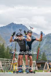 21.09.2023, Bessans, France (FRA): Antonin Guigonnat (FRA), Emilien Claude (FRA), (l-r) - Biathlon training, Bessans (FRA). www.nordicfocus.com. © Authamayou/NordicFocus. Every downloaded picture is fee-liable.