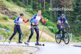 05.07.2023, Premanon, France (FRA): Quentin Fillon Maillet (FRA), Emilien Jacquelin (FRA), Simon Fourcade (FRA), (l-r) - Biathlon summer training, Premanon (FRA). www.nordicfocus.com. © Manzoni/NordicFocus. Every downloaded picture is fee-liable.