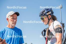 23.08.2023, Font-Romeu, France (FRA): Jean-Paul Giachino (FRA), Coach Team France, Lou Jeanmonnot (FRA), (l-r) - Biathlon training, Font-Romeu (FRA). www.nordicfocus.com. © Authamayou/NordicFocus. Every downloaded picture is fee-liable.