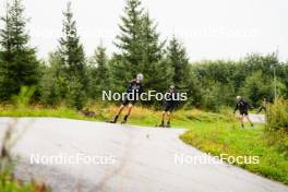 28.08.2023, Obertilliach, Austria (AUT): Filip Fjeld Andersen (NOR), Sturla Holm Laegreid (NOR), Vetle Sjaastad Christiansen (NOR), (l-r)  - Biathlon summer training, Obertilliach (AUT). www.nordicfocus.com. © Barbieri/NordicFocus. Every downloaded picture is fee-liable.