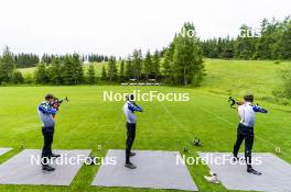 31.05.2023, Col Bayard, France (FRA): Fabien Claude (FRA), Quentin Fillon Maillet (FRA), Emilien Claude (FRA), (l-r)  - Biathlon summer training, Col Bayard (FRA). www.nordicfocus.com. © Thibaut/NordicFocus. Every downloaded picture is fee-liable.