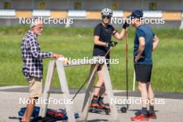 01.06.2023, La Feclaz, France (FRA): Jean Paul Giachino (FRA), coach Team France, Chloe Chevalier (FRA), Patrick Favre (ITA), (l-r) - Biathlon summer training, La Feclaz (FRA). www.nordicfocus.com. © Joly/NordicFocus. Every downloaded picture is fee-liable.