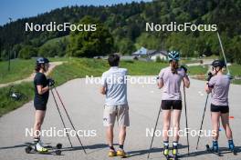 01.06.2023, La Feclaz, France (FRA): Lou Jeanmonnot (FRA), Cyril Burdet (FRA), coach Team France, Paula Botet (FRA), Sophie Chauveau (FRA), (l-r) - Biathlon summer training, La Feclaz (FRA). www.nordicfocus.com. © Joly/NordicFocus. Every downloaded picture is fee-liable.