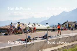 17.06.2023, Lavaze, Italy (ITA): Jesper Nelin (SWE), Johannes Lukas (GER), Sebastian Samuelsson (SWE), Johanna Skottheim (SWE), Peppe Femling (SWE), Elvira Oeberg (SWE), Anna Magnusson (SWE), (l-r)  - Biathlon summer training, Lavaze (ITA). www.nordicfocus.com. © Barbieri/NordicFocus. Every downloaded picture is fee-liable.