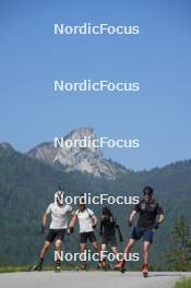 03.06.2023, Ruhpolding, Germany (GER): Niklas Hartweg (SUI), Dajan Danuser (SUI), Jeremy Finello (SUI), Daniel Hackhofer (ITA), coach Team Switzerland, (l-r) - Biathlon summer training, Ruhpolding (GER). www.nordicfocus.com. © Reiter/NordicFocus. Every downloaded picture is fee-liable.