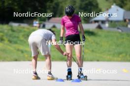 01.06.2023, La Feclaz, France (FRA): Cyril Burdet (FRA), coach Team France, Gilonne Guigonnat (FRA), (l-r) - Biathlon summer training, La Feclaz (FRA). www.nordicfocus.com. © Joly/NordicFocus. Every downloaded picture is fee-liable.