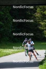 04.06.2023, Ruhpolding, Germany (GER): Daniel Hackhofer (ITA), coach Team Switzerland, Dajan Danuser (SUI), Gion Stalder (SUI), (l-r) - Biathlon summer training, Ruhpolding (GER). www.nordicfocus.com. © Reiter/NordicFocus. Every downloaded picture is fee-liable.