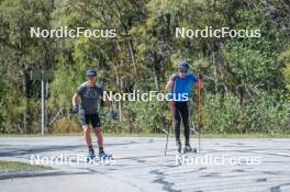 22.09.2023, Bessans, France (FRA): Antonin Guigonnat (FRA), Quentin Fillon-Maillet (FRA), (l-r) - Biathlon training, Bessans (FRA). www.nordicfocus.com. © Authamayou/NordicFocus. Every downloaded picture is fee-liable.