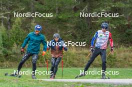 23.09.2023, Bessans, France (FRA): Oscar Lombardot (FRA), Emilien Claude (FRA), Quentin Fillon-Maillet (FRA), (l-r) - Biathlon training, Bessans (FRA). www.nordicfocus.com. © Authamayou/NordicFocus. Every downloaded picture is fee-liable.