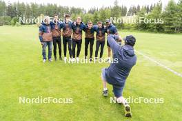 31.05.2023, Col Bayard, France (FRA): Jean-Pierre Amat (FRA), Olympic Champion and shooting coach Team France, Quentin Fillon Maillet (FRA), Eric Perrot (FRA), Emilien Claude (FRA), Fabien Claude (FRA), Oscar Lombardot (FRA), Simon Fourcade (FRA), coach Team France, (l-r)  - Biathlon summer training, Col Bayard (FRA). www.nordicfocus.com. © Thibaut/NordicFocus. Every downloaded picture is fee-liable.