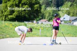 01.06.2023, La Feclaz, France (FRA): Cyril Burdet (FRA), coach Team France, Gilonne Guigonnat (FRA), (l-r) - Biathlon summer training, La Feclaz (FRA). www.nordicfocus.com. © Joly/NordicFocus. Every downloaded picture is fee-liable.