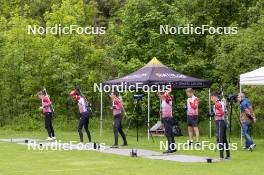 31.05.2023, Col Bayard, France (FRA): Oscar Lombardot (FRA), Fabien Claude (FRA), Quentin Fillon Maillet (FRA), Eric Perrot (FRA), Emilien Claude (FRA), (l-r)  - Biathlon summer training, Col Bayard (FRA). www.nordicfocus.com. © Thibaut/NordicFocus. Every downloaded picture is fee-liable.