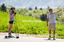 01.06.2023, La Feclaz, France (FRA): Sophie Chauveau (FRA), Cyril Burdet (FRA), coach Team France, (l-r) - Biathlon summer training, La Feclaz (FRA). www.nordicfocus.com. © Joly/NordicFocus. Every downloaded picture is fee-liable.