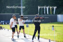 03.06.2023, Ruhpolding, Germany (GER): Remo Krug (GER) coach Team Switzerland, Niklas Hartweg (SUI), Jeremy Finello (SUI), (l-r) - Biathlon summer training, Ruhpolding (GER). www.nordicfocus.com. © Reiter/NordicFocus. Every downloaded picture is fee-liable.