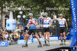 13.08.2023, Wiesbaden, Germany (GER): Fabien Claude (FRA), Tarjei Boe (NOR), Niklas Hartweg (SUI), (l-r) - City Biathlon - Wiesbaden (GER). www.nordicfocus.com. © Manzoni/NordicFocus. Every downloaded picture is fee-liable.