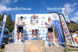 17.09.2023, La Feclaz, France (FRA): Fany Bertrand (FRA), Oceane Michelon (FRA), Lisa Siberchicot (FRA), (l-r) - Biathlon Samse Summer Tour, pursuit, La Feclaz (FRA). www.nordicfocus.com. © Manzoni/NordicFocus. Every downloaded picture is fee-liable.