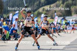 17.09.2023, La Feclaz, France (FRA): Julia Simon (FRA), Oceane Michelon (FRA), (l-r) - Biathlon Samse Summer Tour, pursuit, La Feclaz (FRA). www.nordicfocus.com. © Manzoni/NordicFocus. Every downloaded picture is fee-liable.