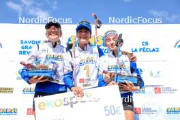 17.09.2023, La Feclaz, France (FRA): Emma Oustry (FRA), Voldiya Galmace Paulin (FRA), Lola Bugeaud (FRA), (l-r) - Biathlon Samse Summer Tour, pursuit, La Feclaz (FRA). www.nordicfocus.com. © Manzoni/NordicFocus. Every downloaded picture is fee-liable.