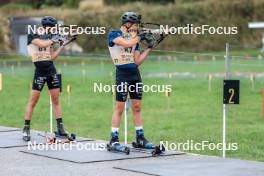 16.09.2023, La Feclaz, France (FRA): Paul Fontaine (FRA), Lou Thievent (FRA), (l-r) - Biathlon Samse Summer Tour, sprint, La Feclaz (FRA). www.nordicfocus.com. © Manzoni/NordicFocus. Every downloaded picture is fee-liable.