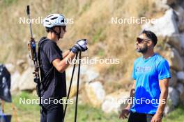 15.09.2023, La Feclaz, France (FRA): Eric Perrot (FRA), Simon Fourcade (FRA), (l-r) - Biathlon Samse Summer Tour, training, La Feclaz (FRA). www.nordicfocus.com. © Manzoni/NordicFocus. Every downloaded picture is fee-liable.