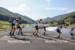 27.08.2023, Brezno-Osrblie, Slovakia (SVK): Oskar Brandt (SWE), Benjamin Menz (GER), Mikulas Karlik (CZE), Artem Tyshchenko (UKR), Bogdan Tsymbal (UKR), (l-r) - IBU Summer Biathlon World Championships, mass men, Brezno-Osrblie (SVK). www.nordicfocus.com. © Manzoni/NordicFocus. Every downloaded picture is fee-liable.