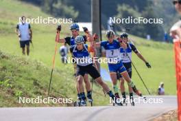 27.08.2023, Brezno-Osrblie, Slovakia (SVK): Thierry Langer (BEL), Jesper Nelin (SWE), Dmitrii Shamaev (ROU), (l-r) - IBU Summer Biathlon World Championships, mass men, Brezno-Osrblie (SVK). www.nordicfocus.com. © Manzoni/NordicFocus. Every downloaded picture is fee-liable.