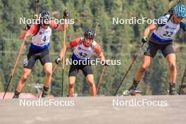 25.08.2023, Brezno-Osrblie, Slovakia (SVK): Kacper Gunka (POL), Jonas Marecek (CZE), Vladimir Iliev (BUL), (l-r) - IBU Summer Biathlon World Championships, super sprint men, Brezno-Osrblie (SVK). www.nordicfocus.com. © Manzoni/NordicFocus. Every downloaded picture is fee-liable.