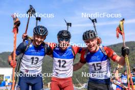 25.08.2023, Brezno-Osrblie, Slovakia (SVK): Artem Tyshchenko (UKR), Andrejs Rastorgujevs (LAT), Tomas Mikyska (CZE), (l-r) - IBU Summer Biathlon World Championships, super sprint men, Brezno-Osrblie (SVK). www.nordicfocus.com. © Manzoni/NordicFocus. Every downloaded picture is fee-liable.