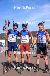 25.08.2023, Brezno-Osrblie, Slovakia (SVK): Artem Tyshchenko (UKR), Andrejs Rastorgujevs (LAT), Tomas Mikyska (CZE), (l-r) - IBU Summer Biathlon World Championships, super sprint men, Brezno-Osrblie (SVK). www.nordicfocus.com. © Manzoni/NordicFocus. Every downloaded picture is fee-liable.