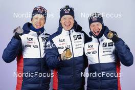 11.02.2023, Oberhof, Germany (GER): Tarjei Boe (NOR), Johannes Thingnes Boe (NOR), Sturla Holm Laegreid (NOR), (l-r) - IBU World Championships Biathlon, medals, Oberhof (GER). www.nordicfocus.com. © Manzoni/NordicFocus. Every downloaded picture is fee-liable.