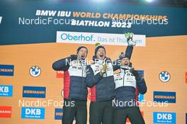 08.02.2023, Oberhof, Germany (GER): Tarjei Boe (NOR), Johannes Thingnes Boe (NOR), Sturla Holm Laegreid (NOR), (l-r) - IBU World Championships Biathlon, medals, Oberhof (GER). www.nordicfocus.com. © Reichert/NordicFocus. Every downloaded picture is fee-liable.