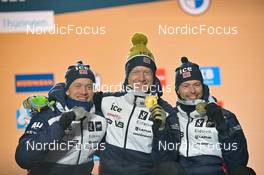 08.02.2023, Oberhof, Germany (GER): Tarjei Boe (NOR), Johannes Thingnes Boe (NOR), Sturla Holm Laegreid (NOR), (l-r) - IBU World Championships Biathlon, medals, Oberhof (GER). www.nordicfocus.com. © Reichert/NordicFocus. Every downloaded picture is fee-liable.