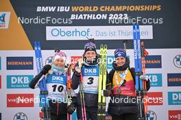 19.02.2023, Oberhof, Germany (GER): Ingrid Landmark Tandrevold (NOR), Hanna Oeberg (SWE), Julia Simon (FRA), (l-r) - IBU World Championships Biathlon, medals, Oberhof (GER). www.nordicfocus.com. © Reichert/NordicFocus. Every downloaded picture is fee-liable.