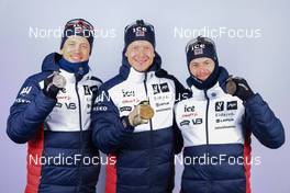 11.02.2023, Oberhof, Germany (GER): Tarjei Boe (NOR), Johannes Thingnes Boe (NOR), Sturla Holm Laegreid (NOR), (l-r) - IBU World Championships Biathlon, medals, Oberhof (GER). www.nordicfocus.com. © Manzoni/NordicFocus. Every downloaded picture is fee-liable.