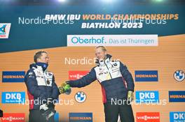 08.02.2023, Oberhof, Germany (GER): Tarjei Boe (NOR), Johannes Thingnes Boe (NOR), (l-r) - IBU World Championships Biathlon, medals, Oberhof (GER). www.nordicfocus.com. © Reichert/NordicFocus. Every downloaded picture is fee-liable.