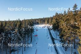 08.02.2023, Oberhof, Germany (GER): Drone footage with an overview over the biathlon venue of Oberhof with the downhill from the Birx-Steig - IBU World Championships Biathlon, training, Oberhof (GER). www.nordicfocus.com. © Manzoni/NordicFocus. Every downloaded picture is fee-liable.