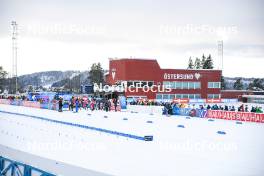 25.11.2023, Oestersund, Sweden, (SWE): Sturla Holm Laegreid (NOR), Niklas Hartweg (SUI), Fabien Claude (FRA), Simon Eder (AUT), Tuomas Harjula (FIN), Artem Tyshchenko (UKR), Sean Doherty (USA), Justus Strelow (GER), Sebastian Samuelsson (SWE), Andrejs Rastorgujevs (LAT), (l-r) - IBU World Cup Biathlon, single mixed relay, Oestersund (SWE). www.nordicfocus.com. © Authamayou/NordicFocus. Every downloaded picture is fee-liable.