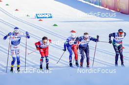 06.01.2023, Val di Fiemme, Italy (ITA): William Poromaa (SWE), Emil Iversen (NOR), Jules Chappaz (FRA), Zak Ketterson (USA), Francesco De Fabiani (ITA), (l-r)  - FIS world cup cross-country, tour de ski, individual sprint, Val di Fiemme (ITA). www.nordicfocus.com. © Barbieri/NordicFocus. Every downloaded picture is fee-liable.