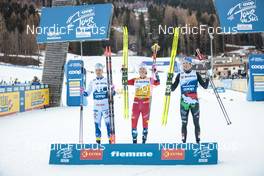 06.01.2023, Val di Fiemme, Italy (ITA): Calle Halfvarsson (SWE), Johannes Hoesflot Klaebo (NOR), Simone Mocellini (ITA), (l-r)  - FIS world cup cross-country, tour de ski, individual sprint, Val di Fiemme (ITA). www.nordicfocus.com. © Modica/NordicFocus. Every downloaded picture is fee-liable.