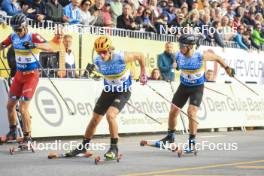 05.08.2023, Sandnes, Norway (NOR): Paal Golberg (NOR), Johannes Hoesflot Klaebo (NOR), Valerio Grond (SUI), (l-r) - BLINK23 Festival Cross-Country - Sandnes (NOR). www.nordicfocus.com. © Manzoni/NordicFocus. Every downloaded picture is fee-liable.