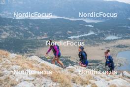 14.10.2023, Font-Romeu, France (FRA): Flora Dolci (FRA), Juliette Ducordeau (FRA), Liv Coupat (FRA), (l-r) - Cross-Country training, Font-Romeu (FRA). www.nordicfocus.com. © Authamayou/NordicFocus. Every downloaded picture is fee-liable.