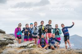 14.10.2023, Font-Romeu, France (FRA): Mélissa Gal (FRA), Juliette Ducordeau (FRA), Eve Ondine Duchaufour (FRA), Delphine Claudel (FRA), Maelle Veyre (FRA), Julie Pierrel (FRA), Léna Quintin (FRA), Liv Coupat (FRA), Flora Dolci (FRA), Vincent Vittoz (FRA), Coach Team France, (l-r) - Cross-Country training, Font-Romeu (FRA). www.nordicfocus.com. © Authamayou/NordicFocus. Every downloaded picture is fee-liable.