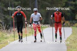 19.10.2023, Ramsau am Dachstein, Austria (AUT): Michael Foettinger (AUT), Lukas Mrkonjic (AUT), Benjamin Moser (AUT), (l-r) - Cross-Country summer training, Ramsau am Dachstein (AUT). www.nordicfocus.com. © Manzoni/NordicFocus. Every downloaded picture is fee-liable.