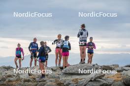 14.10.2023, Font-Romeu, France (FRA): Mélissa Gal (FRA), Vincent Vittoz (FRA), Coach Team France, Juliette Ducordeau (FRA), Liv Coupat (FRA), Julie Pierrel (FRA), Eve Ondine Duchaufour (FRA), Delphine Claudel (FRA), Flora Dolci (FRA), (l-r) - Cross-Country training, Font-Romeu (FRA). www.nordicfocus.com. © Authamayou/NordicFocus. Every downloaded picture is fee-liable.